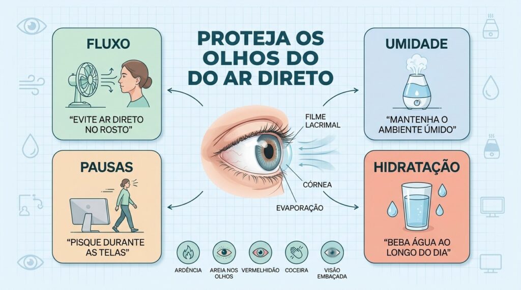 Redirecionar o ar, umidificar o ambiente, piscar e hidratar protegem os olhos.