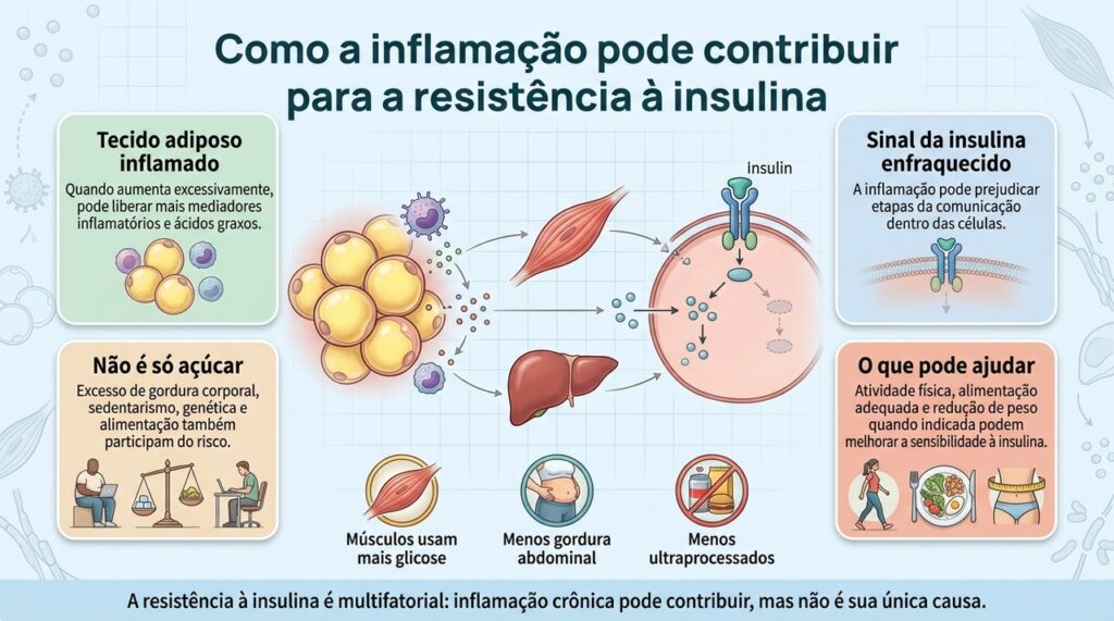 A inflamação crônica pode interferir na sinalização da insulina, mas faz parte de um processo metabólico mais amplo.