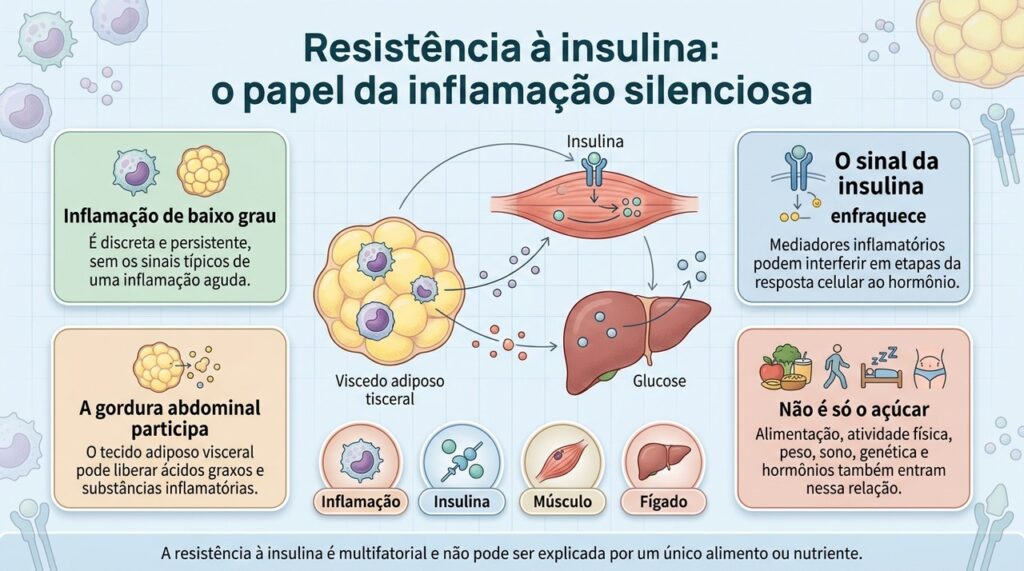 Inflamação crônica de baixo grau, gordura visceral e outros fatores podem contribuir para uma resposta menos eficiente à insulina.