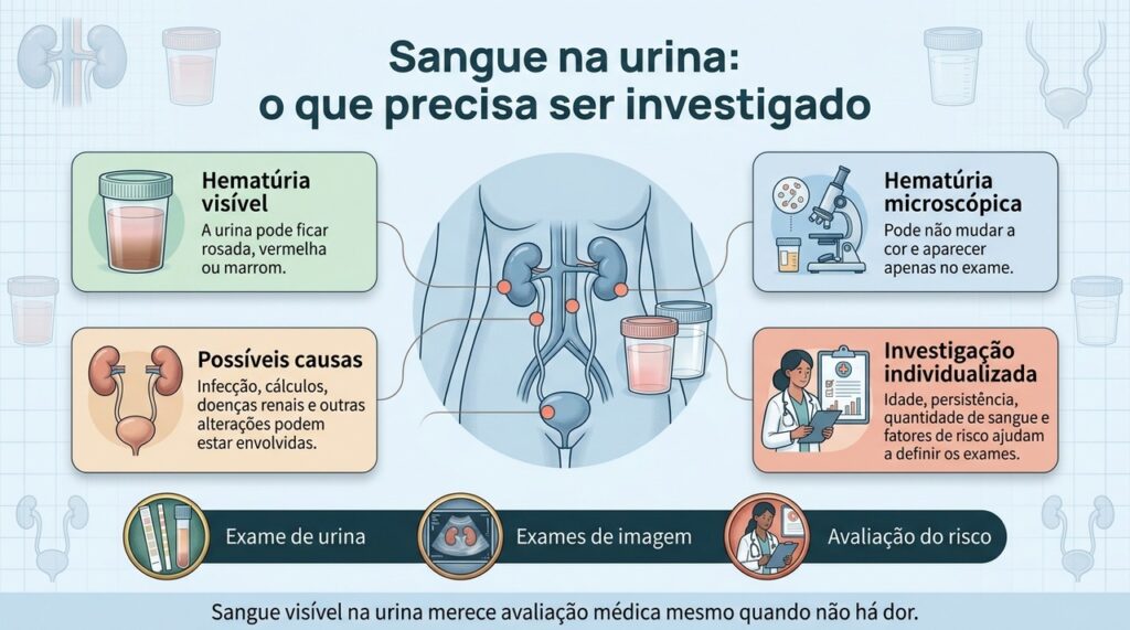 A investigação da hematúria depende de como o sangue aparece, de sua persistência e dos fatores de risco de cada pessoa.