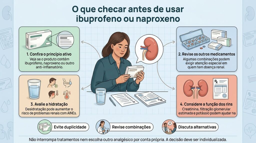 Em quem já tem doença renal, a decisão de usar anti-inflamatórios deve considerar o princípio ativo, outros medicamentos, hidratação e função renal.