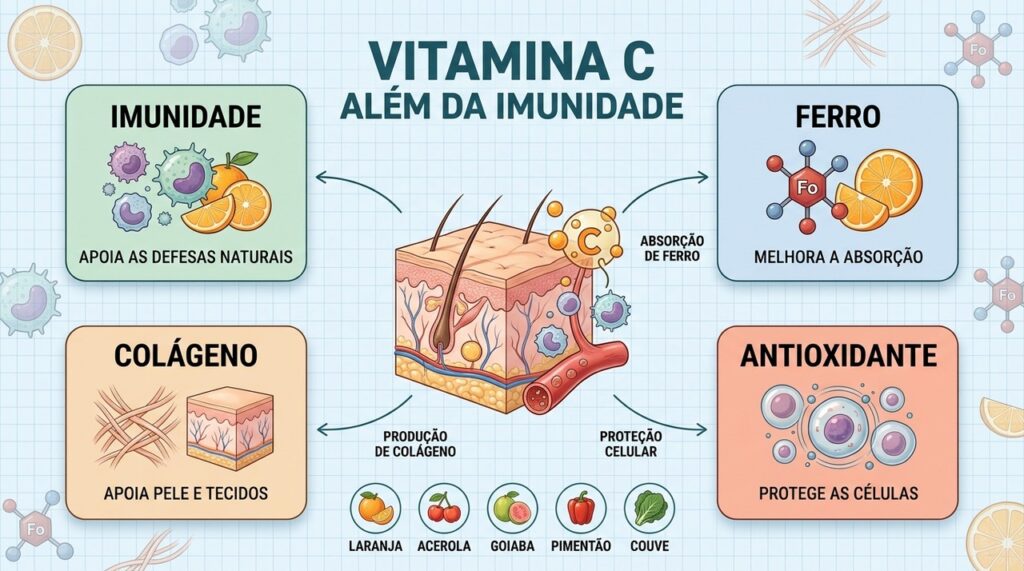 Vitamina C contribui para imunidade, colágeno, absorção de ferro e defesa antioxidante.