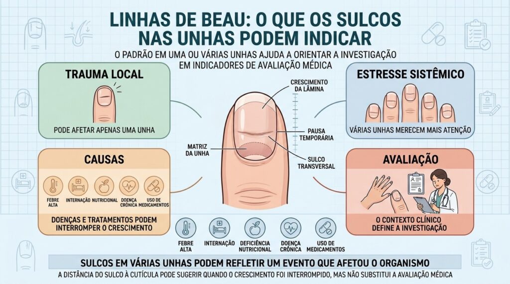 Trauma, doenças sistêmicas e tratamentos podem interromper temporariamente o crescimento das unhas.