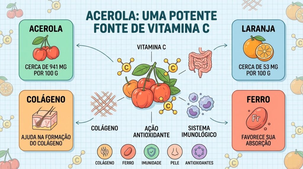 Acerola supera a laranja em vitamina C e contribui para colágeno, ferro e imunidade.