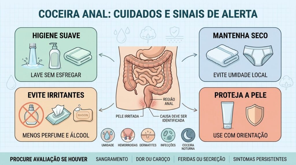 Higiene suave, pele seca, menos irritantes e proteção ajudam no controle da coceira anal.