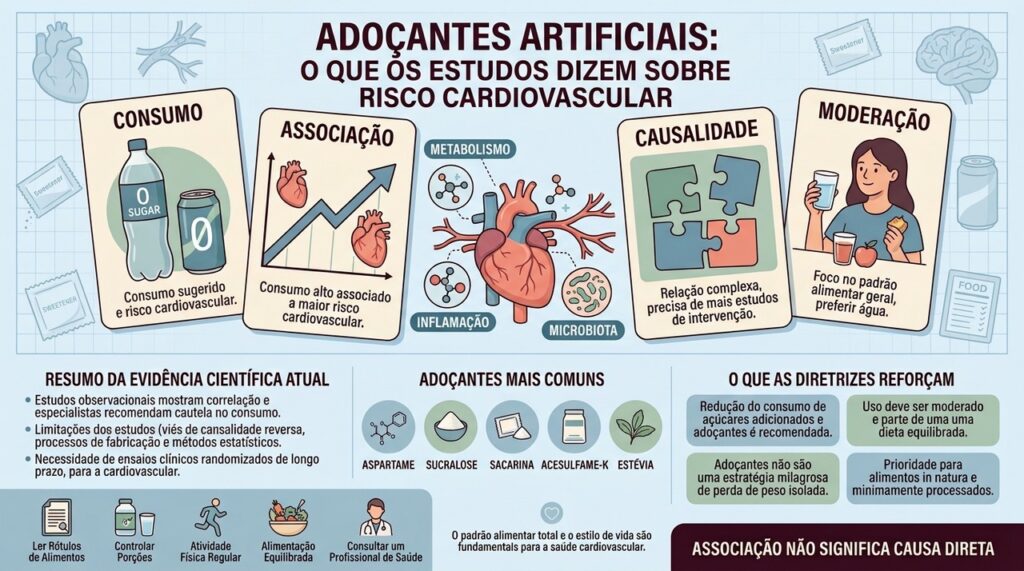 Consumo, associação, causalidade e moderação resumem o debate sobre adoçantes e coração.