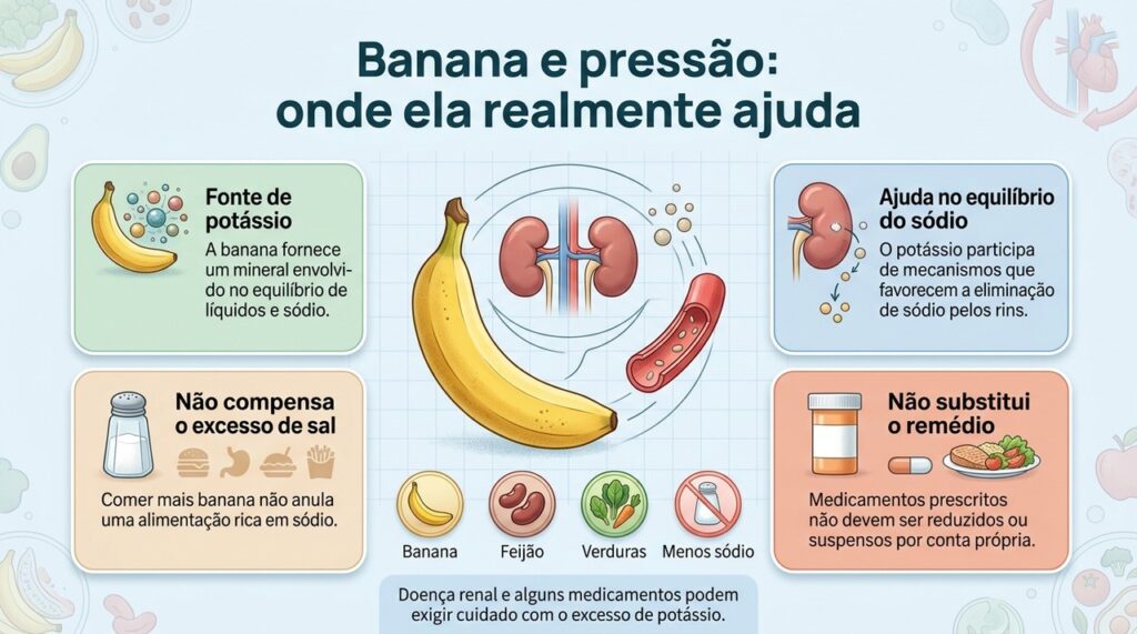 O potássio da banana pode contribuir para o controle da pressão, mas funciona como parte de uma alimentação equilibrada e do tratamento indicado.