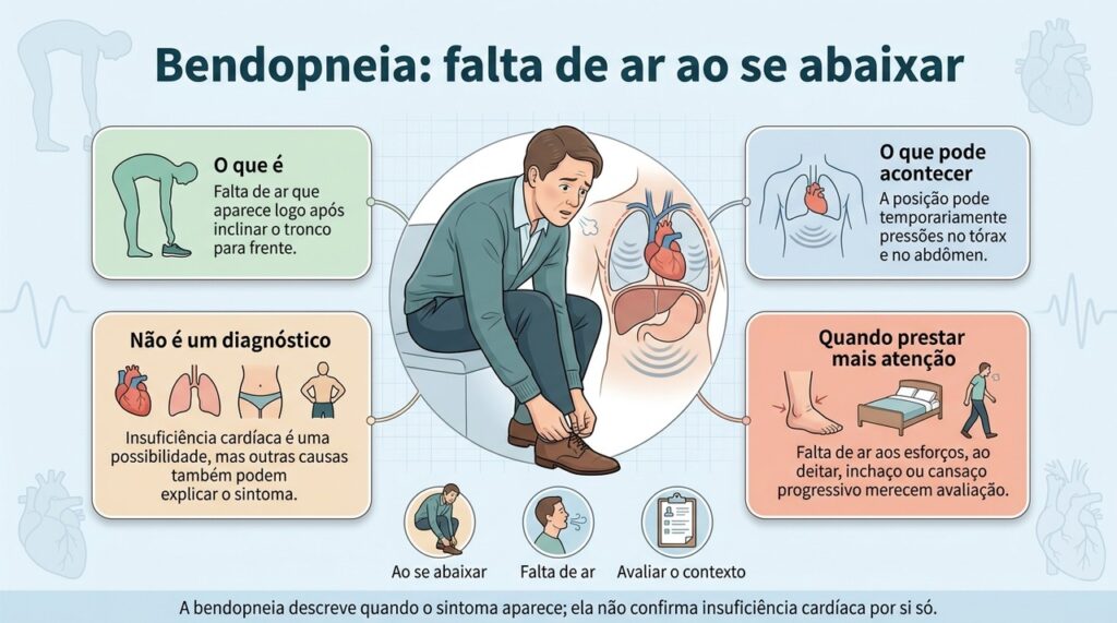 Bendopneia é um padrão de falta de ar ligado à posição e deve ser interpretado junto com outros sintomas e o histórico clínico.