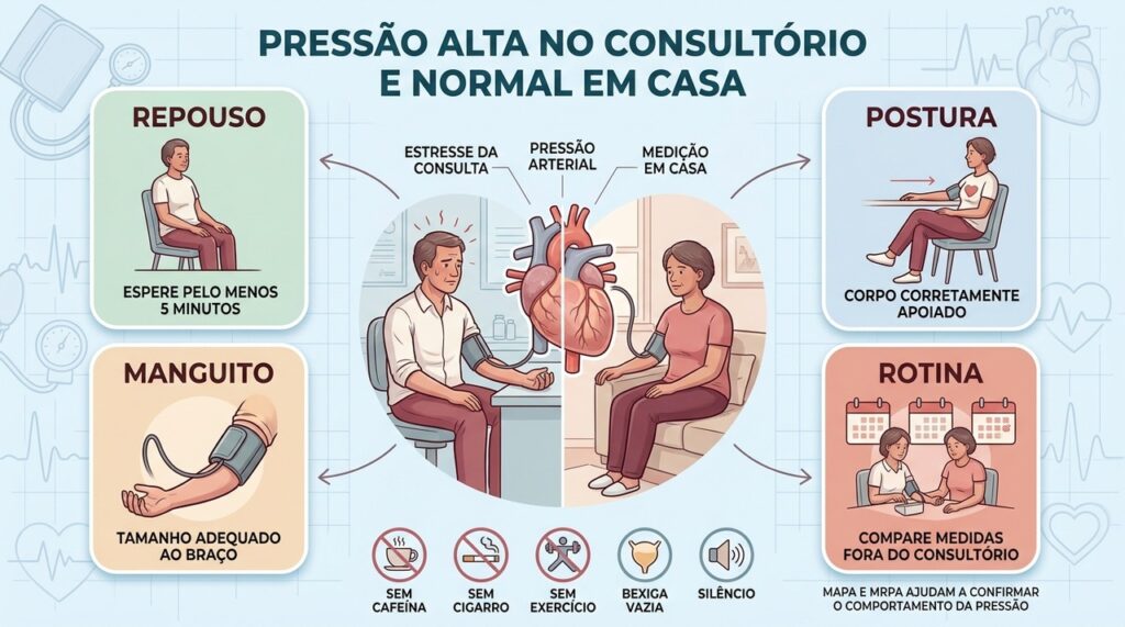 Repouso, postura, manguito e medidas em casa tornam a avaliação mais confiável.