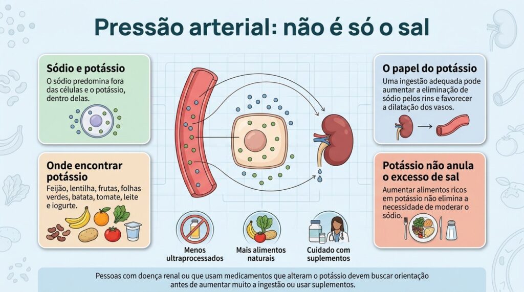 Reduzir o excesso de sódio e manter boas fontes alimentares de potássio são estratégias complementares para a saúde cardiovascular.