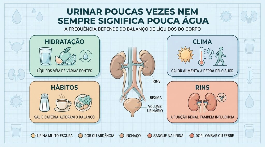 Hidratação, clima, hábitos e função renal influenciam diretamente a frequência urinária.