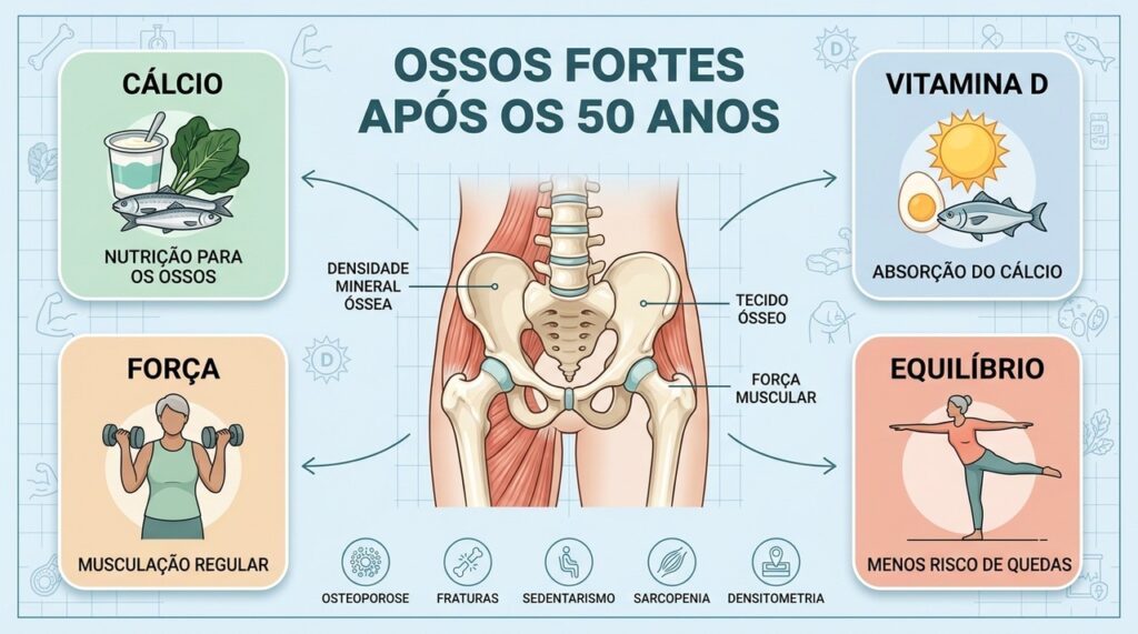 Cálcio, vitamina D, força muscular e equilíbrio formam uma estratégia integrada contra fragilidade óssea.