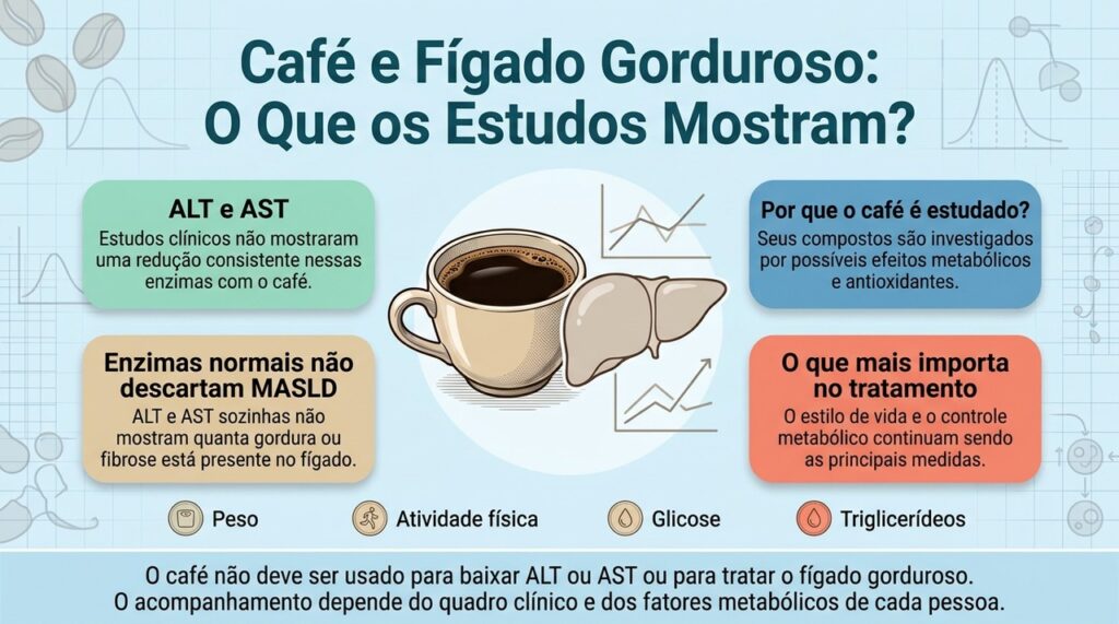 O café segue em estudo na saúde hepática, mas não há evidência suficiente para usá-lo como forma de reduzir enzimas do fígado ou tratar a MASLD.