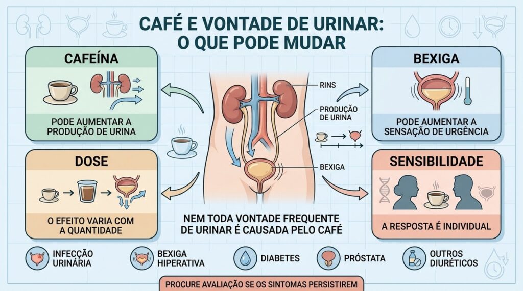 Cafeína, dose e sensibilidade individual influenciam a produção de urina e a urgência.