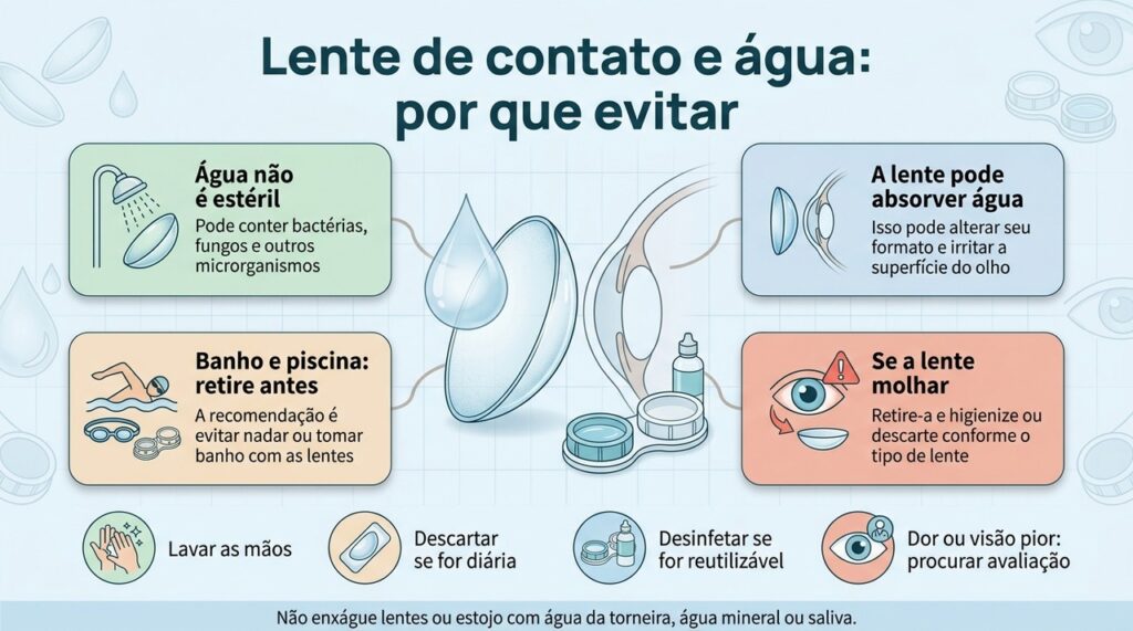 Evitar água nas lentes e usar solução apropriada reduz a exposição dos olhos a microrganismos e irritação.
