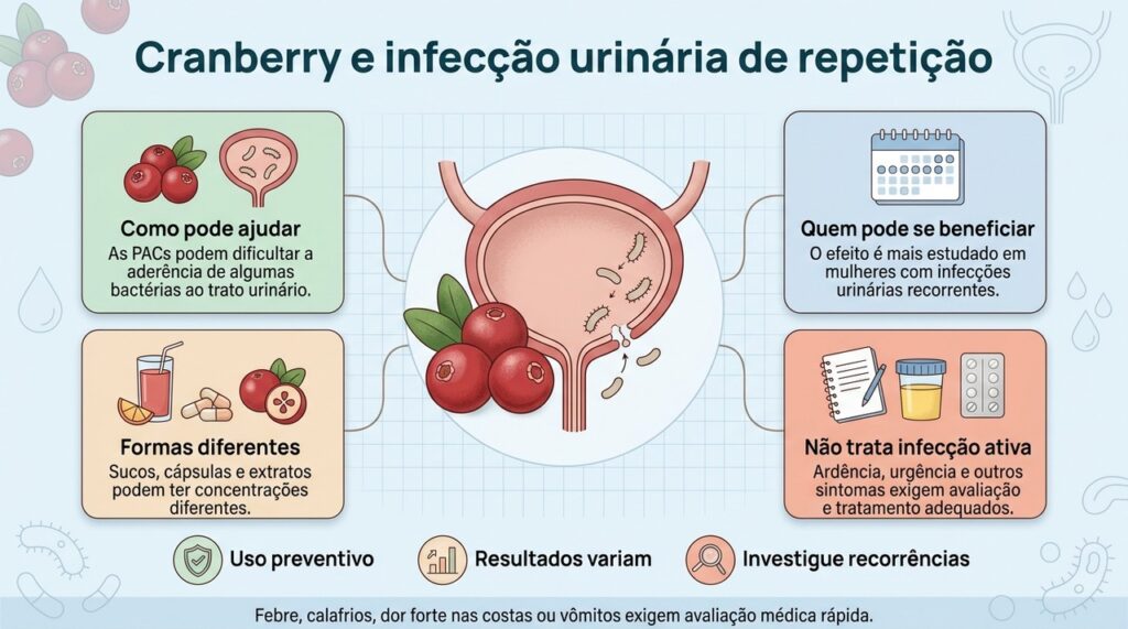 O benefício do cranberry é preventivo e pode variar entre as pessoas, sem substituir o tratamento de uma infecção urinária ativa.