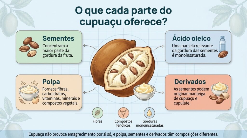 O cupuaçu reúne fibras e compostos bioativos, enquanto suas sementes concentram a maior parte da gordura.