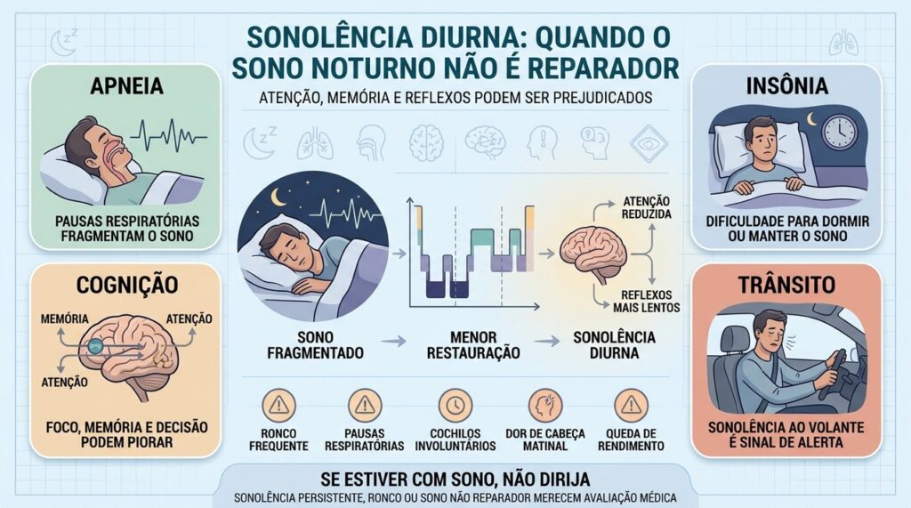 Apneia, insônia e sono fragmentado podem comprometer foco, memória e reflexos.