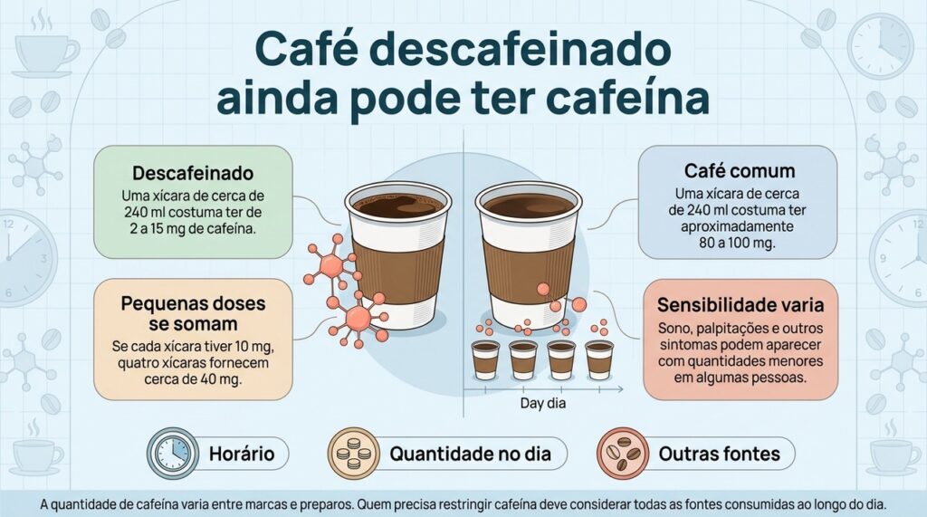 Uma única xícara de descafeinado costuma ter pouca cafeína, mas o total pode aumentar quando várias porções são consumidas.