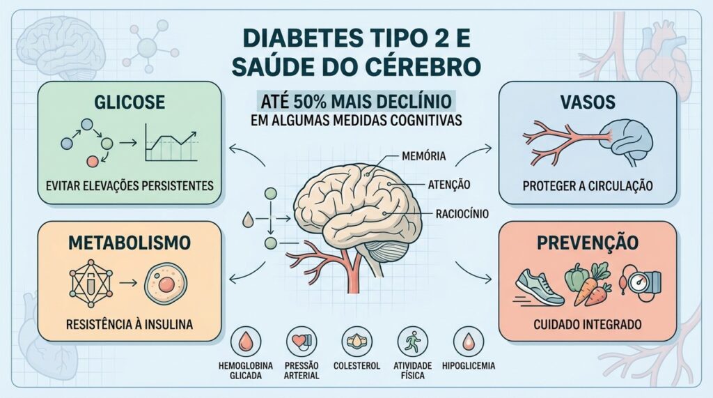 Glicose, circulação, resistência à insulina e hábitos influenciam a saúde cognitiva.