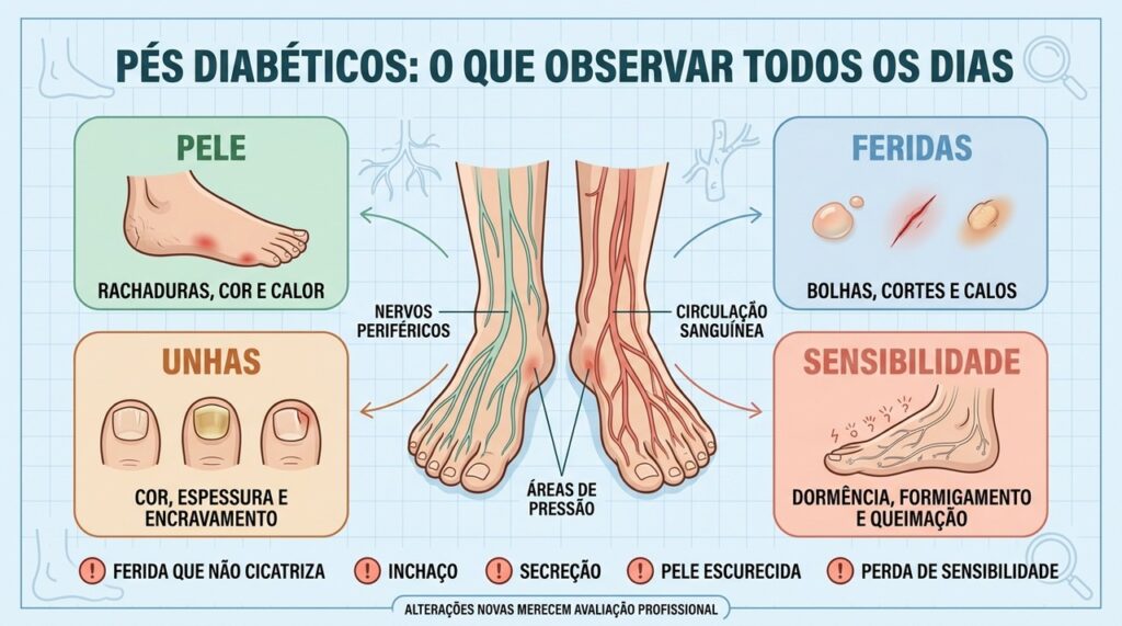Pele, feridas, unhas e sensibilidade devem fazer parte da inspeção diária dos pés.