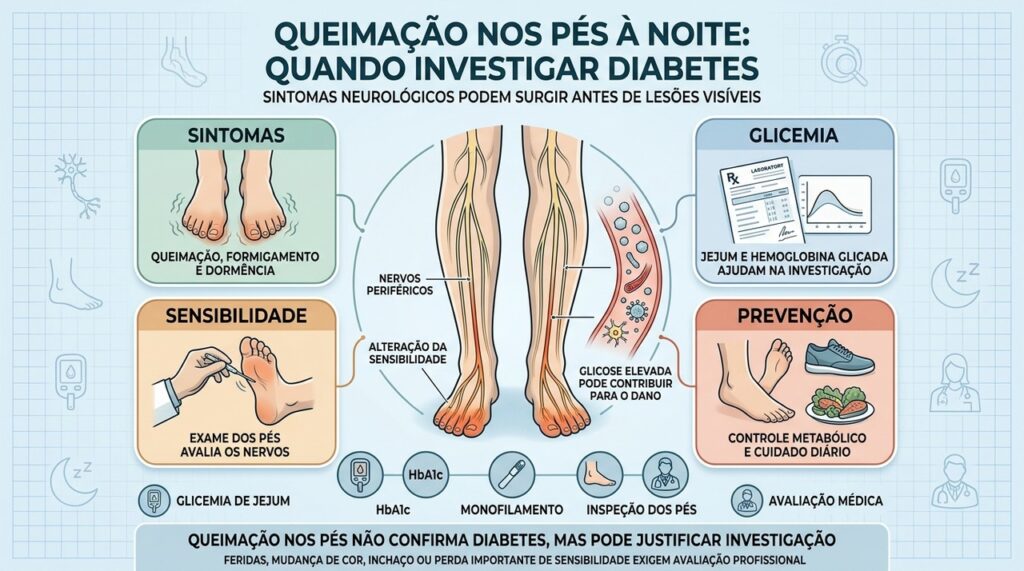 Glicemia, sensibilidade e inspeção dos pés ajudam a investigar neuropatia periférica.