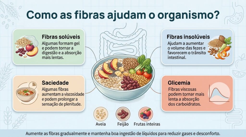 Fibras solúveis e insolúveis têm funções diferentes, e uma alimentação variada ajuda a combinar os dois tipos.