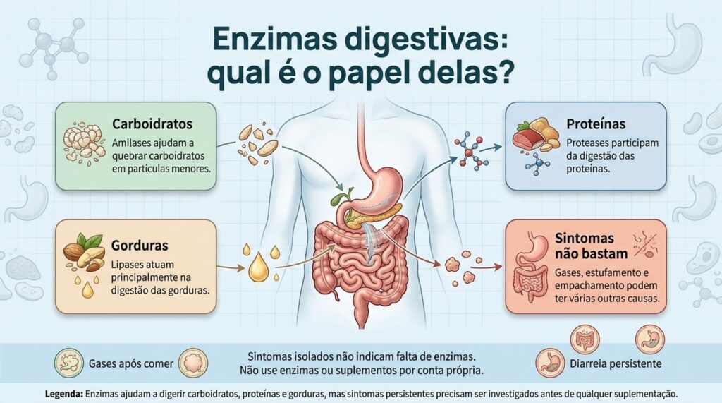 Enzimas ajudam a digerir carboidratos, proteínas e gorduras, mas sintomas persistentes precisam ser investigados antes de qualquer suplementação.