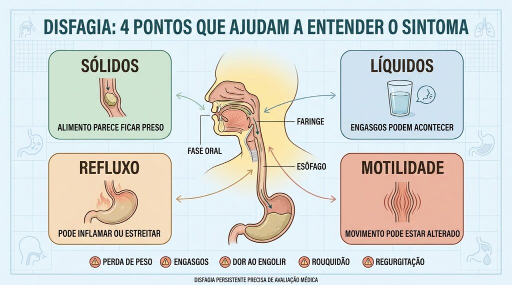 Sólidos, líquidos, refluxo e motilidade ajudam a orientar a investigação da disfagia.