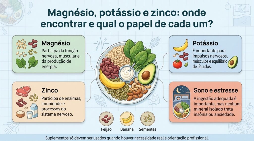Magnésio, potássio e zinco exercem funções importantes no organismo, mas sono e estresse dependem de muito mais do que um nutriente isolado.