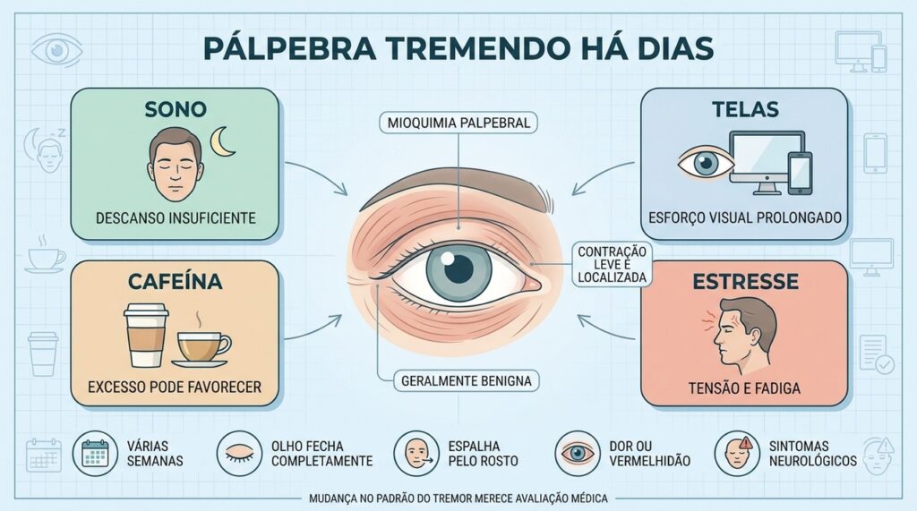 Sono, telas, cafeína e estresse estão entre os principais gatilhos da mioquimia.