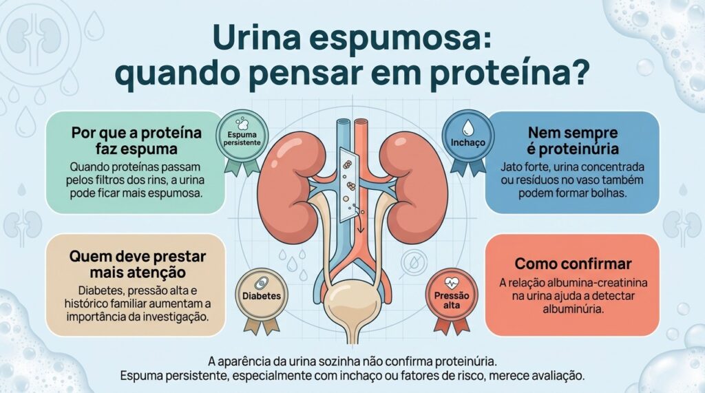 A espuma persistente pode ser uma pista de proteinúria, mas a confirmação depende de exames e da avaliação do contexto clínico.