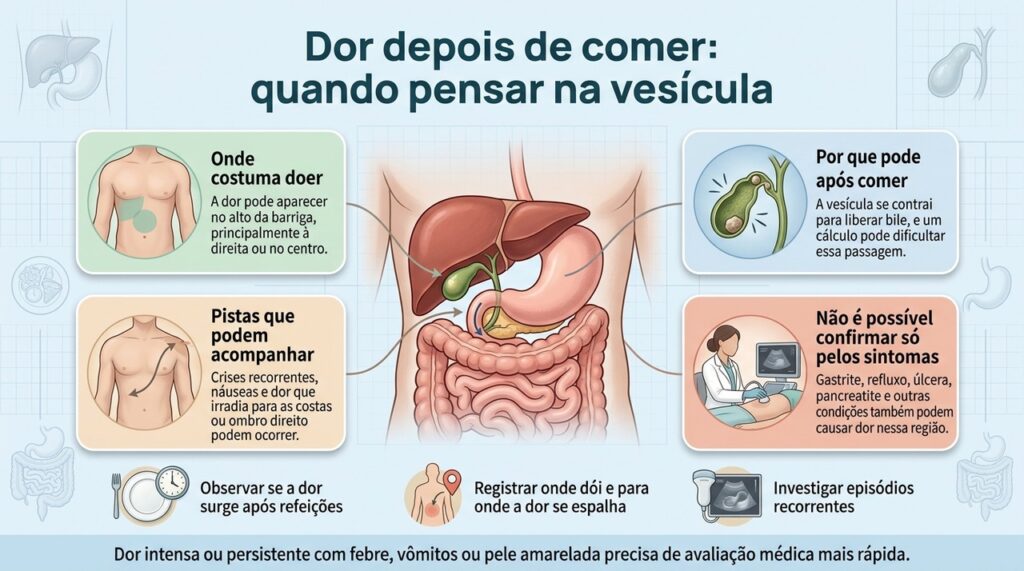 O padrão da dor, a relação com as refeições e os sintomas associados ajudam a diferenciar possíveis causas no abdômen superior.