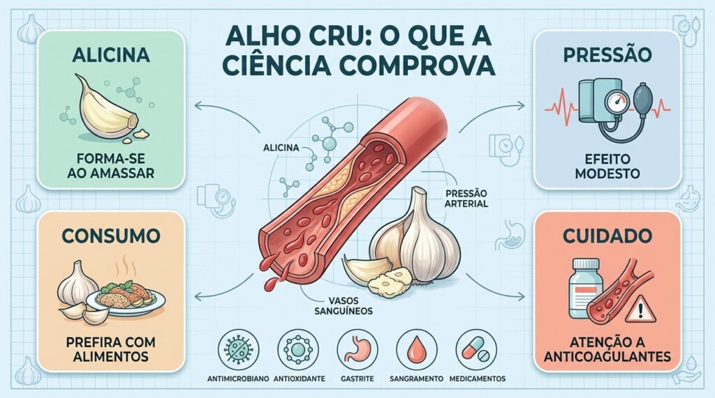 A alicina tem efeitos estudados, mas não substitui tratamentos nem comprova promessas milagrosas do alho.