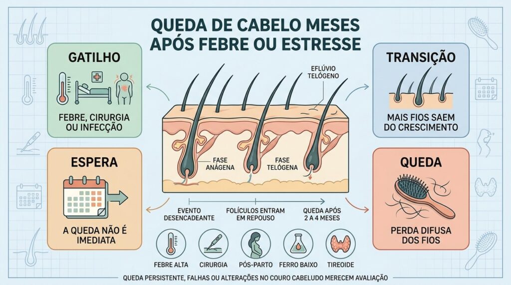O ciclo capilar explica por que o eflúvio telógeno demora a aparecer.