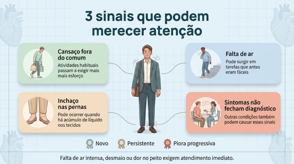 Cansaço, falta de ar e inchaço podem ter várias causas e precisam ser avaliados no contexto clínico.