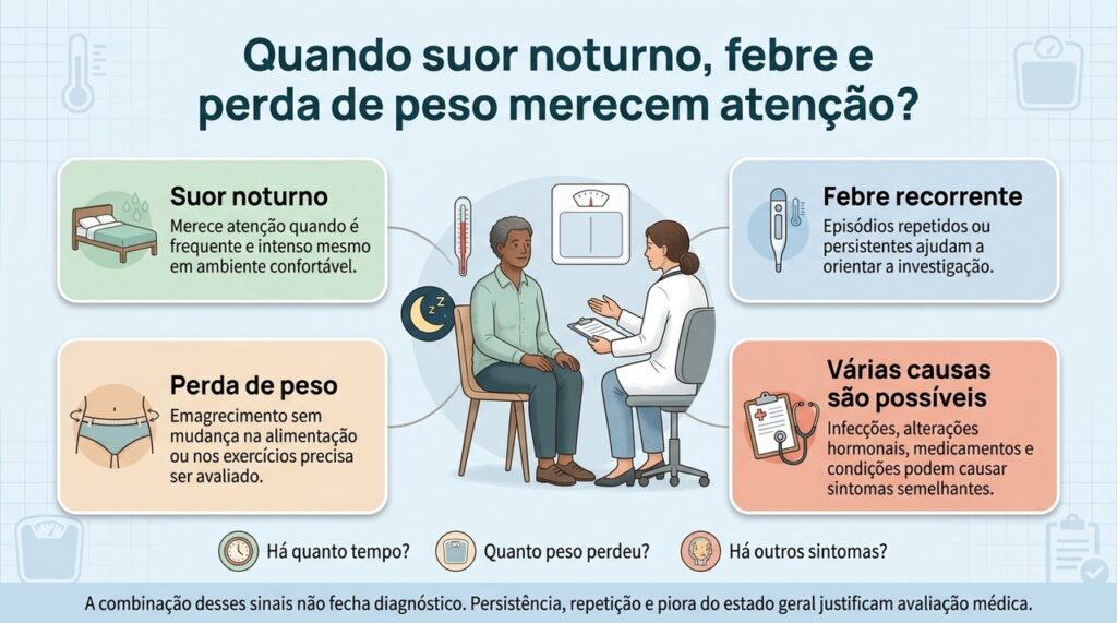Suor noturno, febre e perda de peso podem ter várias causas, e a investigação depende do histórico, do exame físico e dos exames indicados.