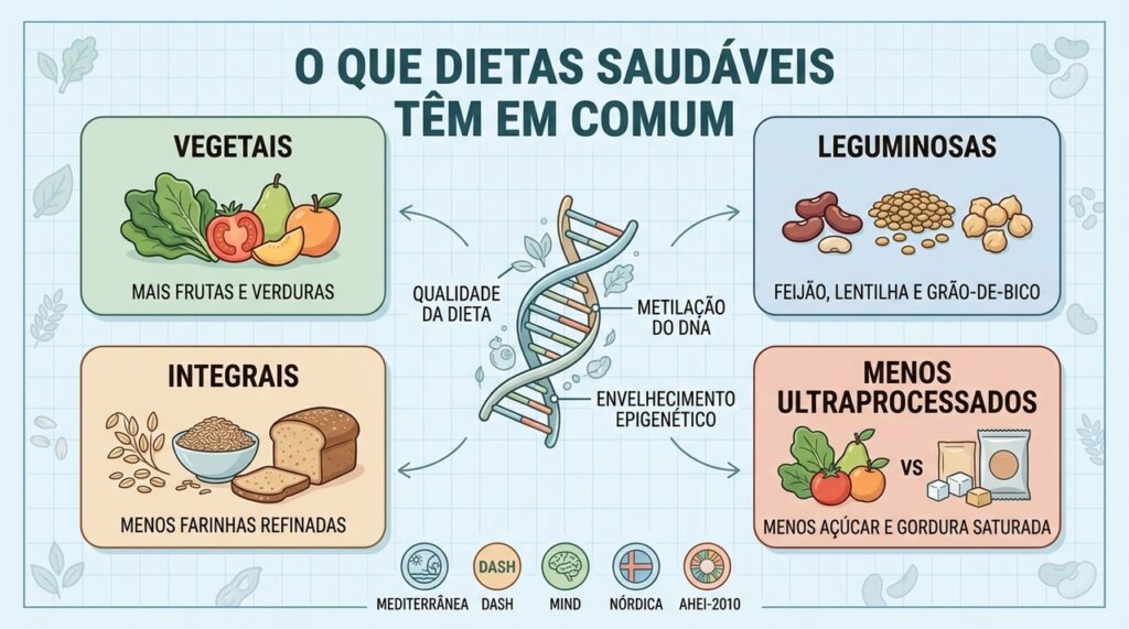 Vegetais, leguminosas, integrais e menos ultraprocessados aparecem em vários padrões saudáveis.