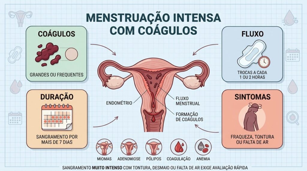Coágulos, fluxo, duração e sintomas ajudam a reconhecer menstruação excessiva.
