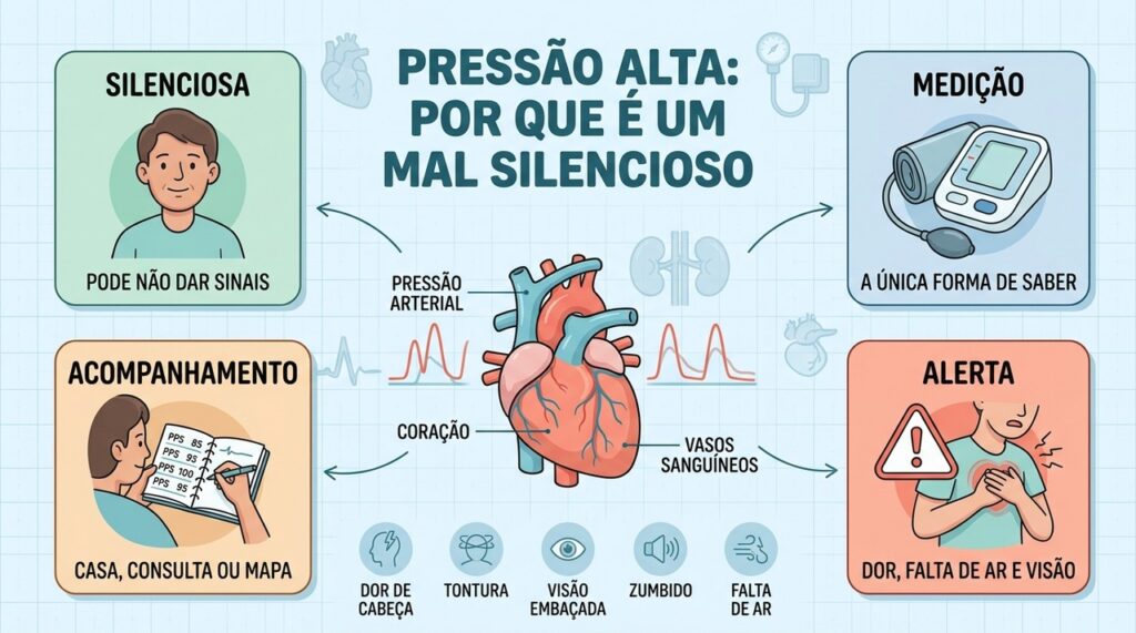 A pressão alta quase nunca dá sintoma, e é por isso que a maioria descobre tarde demais