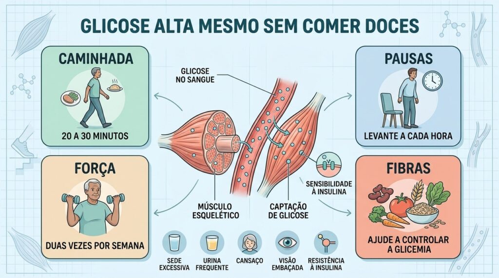 Caminhada, pausas, força e fibras favorecem melhor controle da glicose.