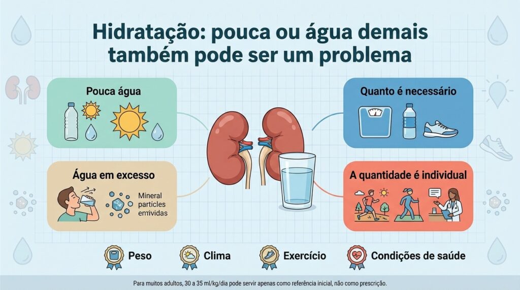 A necessidade diária de líquidos varia e deve considerar peso, clima, atividade física e condições de saúde.