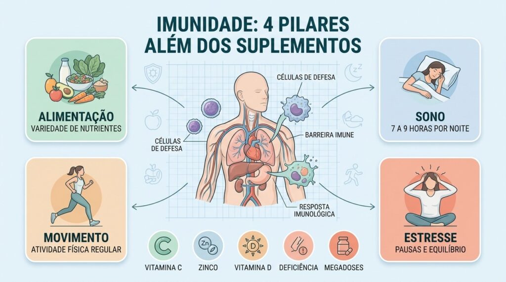 Vitamina C, zinco e vitamina D funcionam melhor quando deficiência e hábitos são avaliados em conjunto.