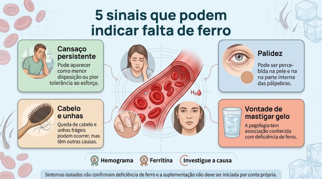 Os sintomas levantam a suspeita, mas exames como hemograma e ferritina ajudam a confirmar se realmente existe deficiência de ferro.