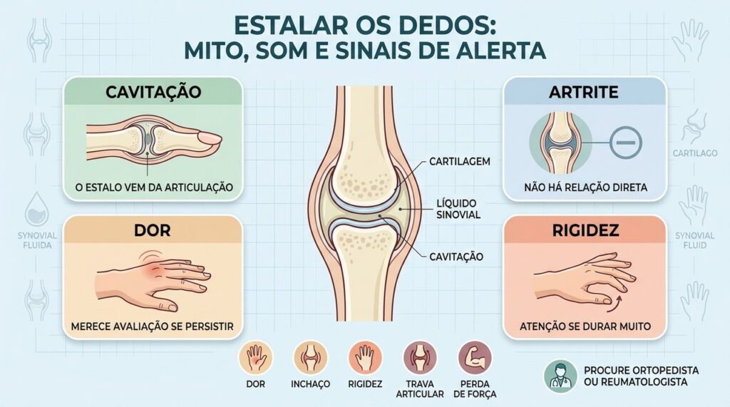 Cavitação explica o estalo; dor, rigidez e inchaço exigem outra investigação.