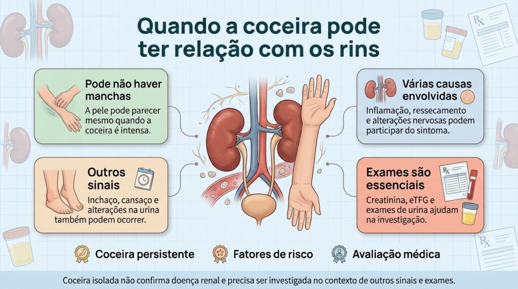 Coceira persistente pode ocorrer na doença renal avançada, mas exames são necessários para identificar a causa.