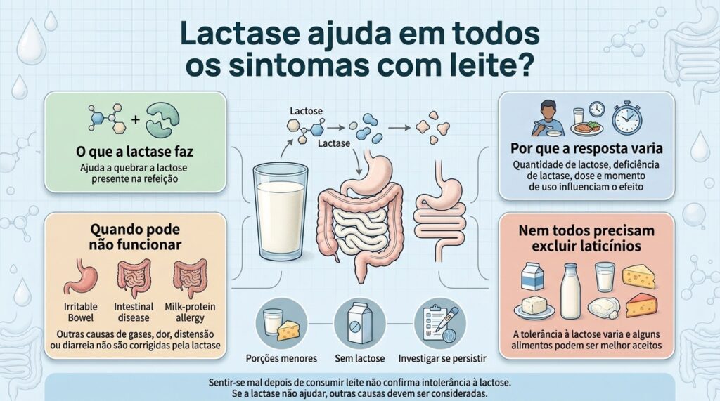 A lactase pode ajudar quando o problema é a digestão da lactose, mas sintomas persistentes podem ter outras causas.