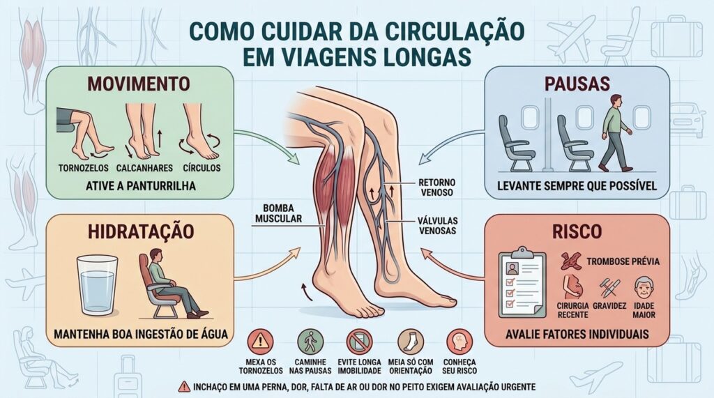 Movimento, pausas, hidratação e avaliação de risco ajudam a proteger a circulação.