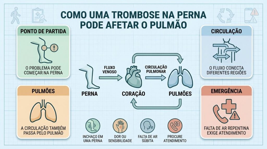 Perna, circulação, pulmões e sinais de emergência resumem a relação entre TVP e embolia.