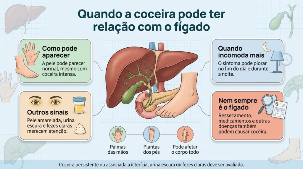 A coceira colestática pode ocorrer sem lesões visíveis na pele, mas o sintoma isolado não confirma doença do fígado.